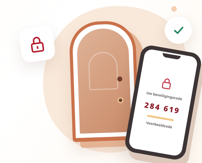Een voordeur met een tweede slot en een telefoon met een voorbeeldbeveiligingscode.